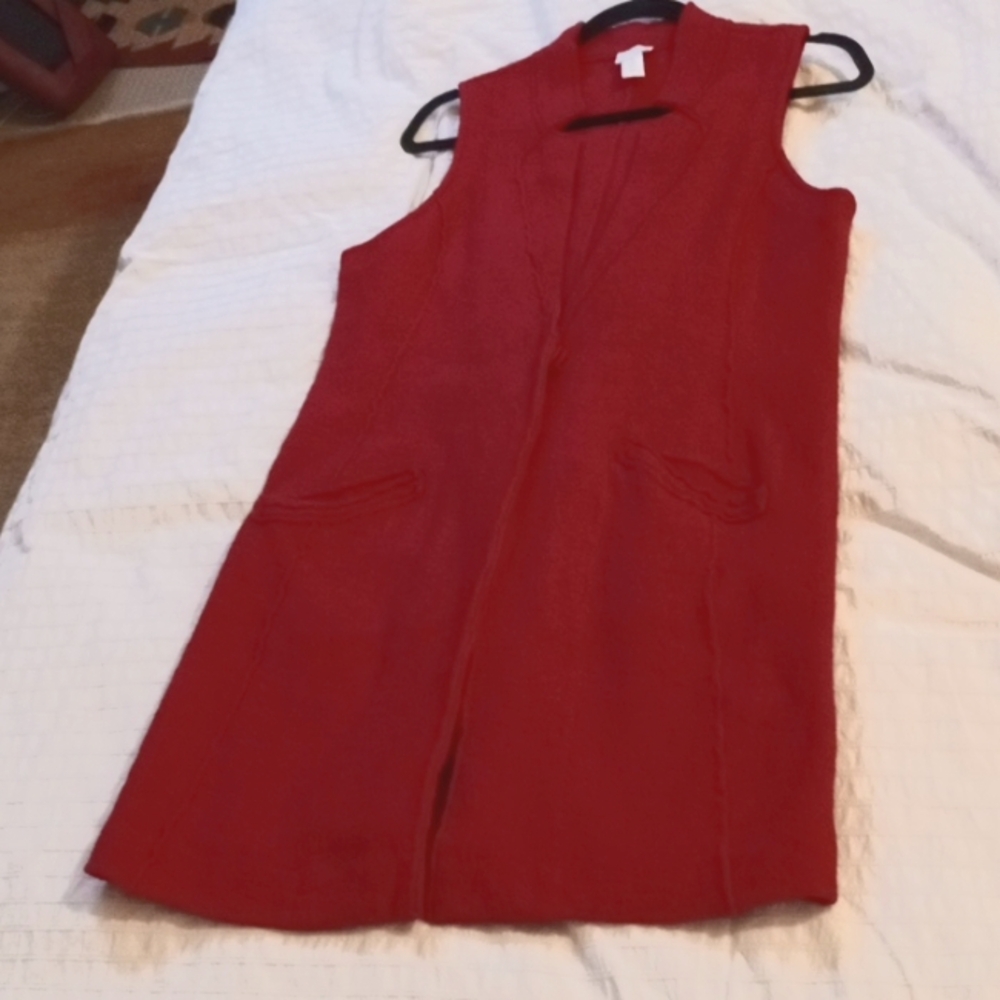 Chicos longline, sleeveless boiled wool cardigan, size 1, strawberry red